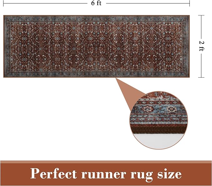2x6 Washable Kitchen Runner Rug for Hallways, Non Slip Laundry Runners for Bathroom, Low Pile Rubber Backed Rugs for Entryway, Vintage Floral Carpet for Living Room Bedroom Brick Red