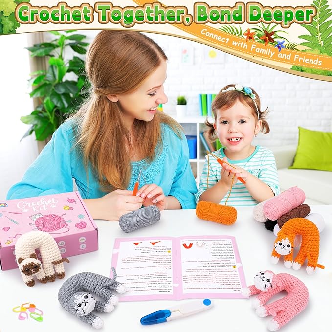 Crochet Kit for Beginners, 4 Pack Funny Cat Crochet Kits, Animal Starter Crochet Kit with Step-by-Step Video Tutorials, Easy DIY Cat Craft for Adults & Kids, Novelty Gift for Crochet Lovers