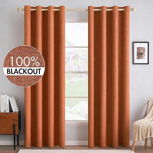 MIULEE 100% Blackout Linen Curtains for Bedroom Thermal Insulated Orange Grommet Room Darkening Curtains & Drapes Fall Decor for Living Room Nursery 52 x 84 Inch (2 Panels)