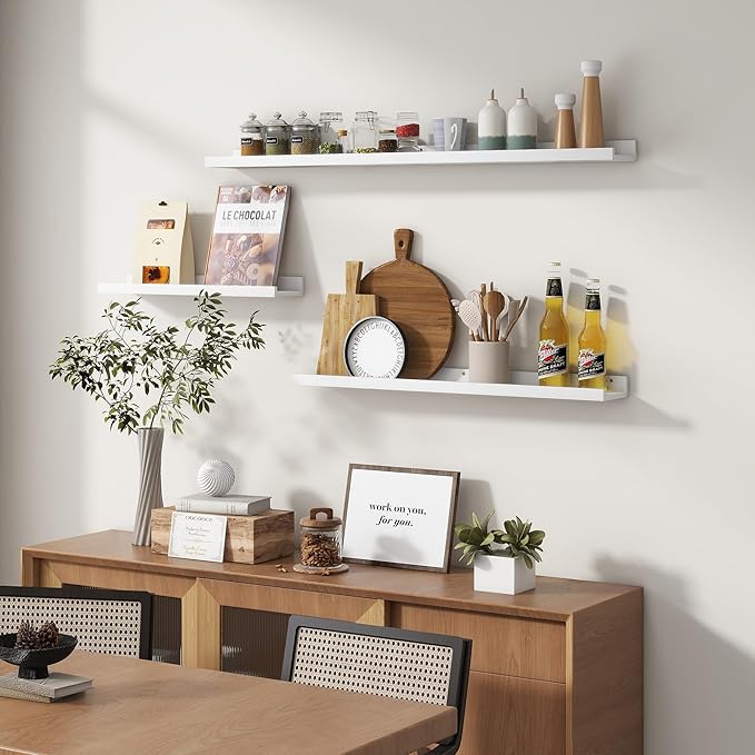 Picture Ledge Shelf for Wall, 56 inches Solid Pine Wood Nursery Book Shelves 3 Packs, Floating Ledge Shelves for Kids' Room Bedroom Bathroom Long Floating Shelves for Wall Nursey Wall Decor, White