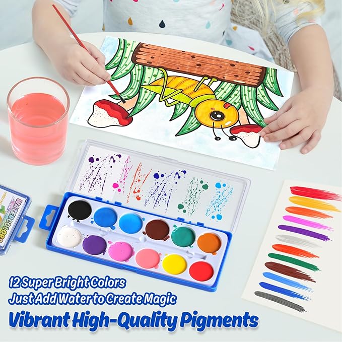 24 Packs Watercolor Paint Set Bulk, 12 Vibrant Colors Washable Watercolors with Brushes for Kids, Art Activities Painting Supplies for School Classroom Home
