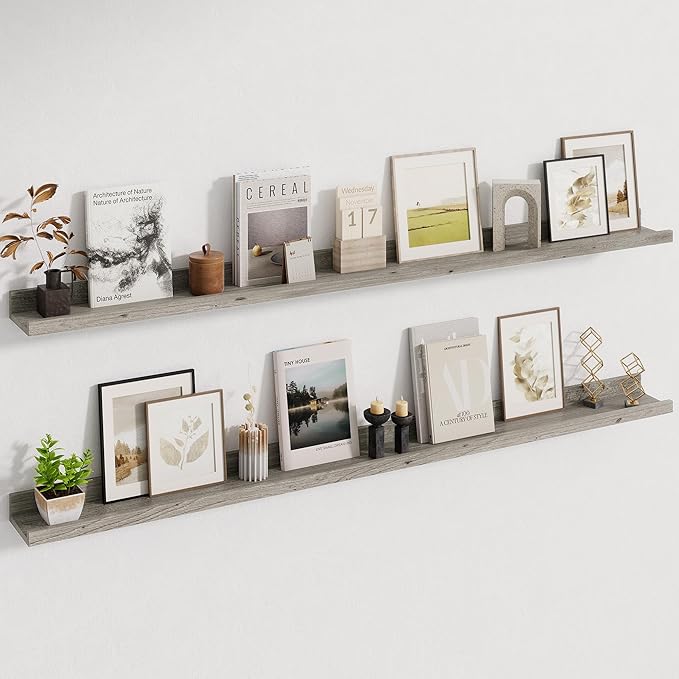 Picture Ledge Shelf, 56 Inch Elm Wood Floating Shelves for Wall, Nursery Bookshelf for Storage with Lip, Photo & Picture Ledge Shelves for Bedroom, Living Room, Kitchen (Grey, 56in Set of 2)