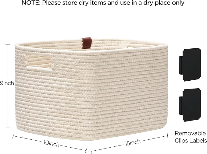 UBBCARE 2 Pack Baskets for Organizing, Woven Storage Baskets with Label for Toys and Towel, Rectangle Cotton Rope Basket with Handles, 15''L x10''W x9''H, Off-White