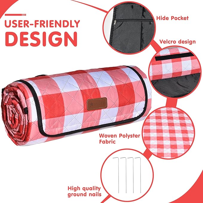 HX&OD Outdoor Picnic Blanket, Extra Large, 80''x80'' Waterproof Foldable Blankets Gingham Picnic Mat for Beach, Camping Grass Lawn Park Accessories Cute Couple Ideas Wedding (Red, 80”x80”)