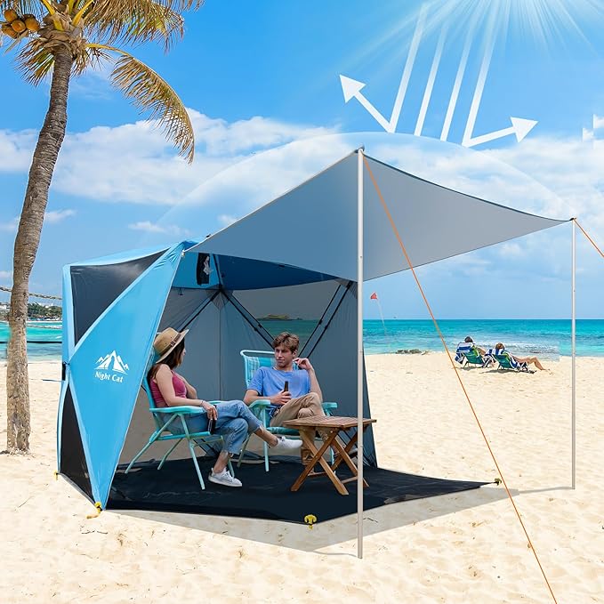 Night Cat Pop-up Beach Tent: 3 4 Persons Beach Shelter with Canopy and Footprint, UPF 50+ UV Protection Backyard Camping Outdoor Canopy Poles Not Included