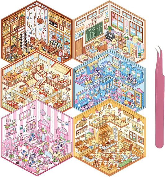 DIY 3D Sticker for Kids, 6 Sets of Cute Stickers for Girls Adult Isometric Sticker Scene Kids Reuseable and Waterproof Stickers