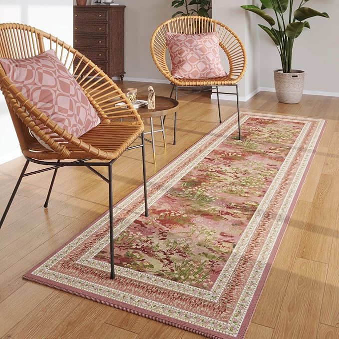 2x6 Runner Rug Impressionist-Style Vintage Kitchen Rugs Non Slip Washable Soft Carpet Runner for Kitchen Laundry Bedroom Bathroom, Pink