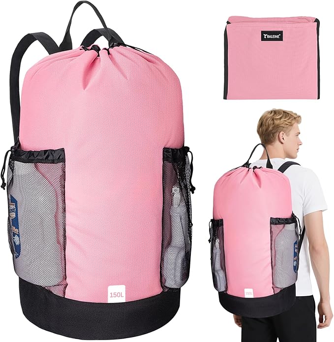 BALEINE 150L Laundry Bag Backpack, 900D Oxford Fabric Large Travel Laundry Bags with Shoulder Straps and 2 Mesh Pockets for College Dorm, Apartment, Laundromat (Pink, 150L)