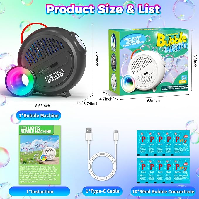 Rechargeable Bubble Machine with Upgrade RGB LED 16 Million Colors, 20000+ Bubbles Per Minute, Portable Bubble Maker for Kids, Weddings, Birthday Parties, Outdoor, Plug in or Battery Power