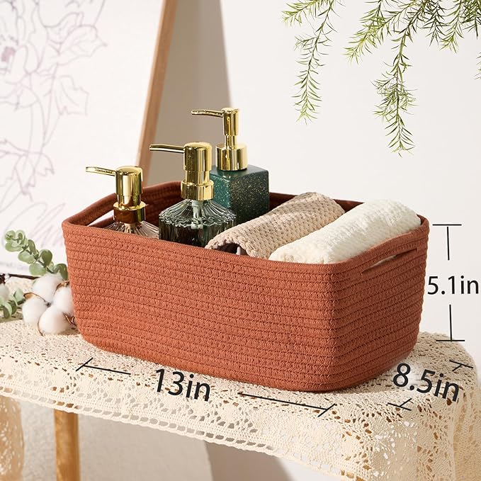 Small Storage Baskets for Organizing | Closet Organizer Bins | Shelf Toy Basket | Woven Rope Baskets | Cube Decorative Box | Shallow Basket | 13x8.5x5.1” | 3 Packs Oxide Red