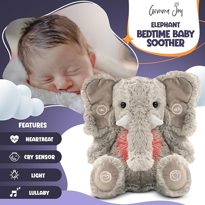 Gemma Joy Bedtime Baby Soothers for Sleep, Cry Activated Heartbeat Stuffed Animal for Baby, Newborn, Calming Light, Lullaby Music, White Noise, Shush and Mother’s Heartbeat - (Elephant, Rechargeable)