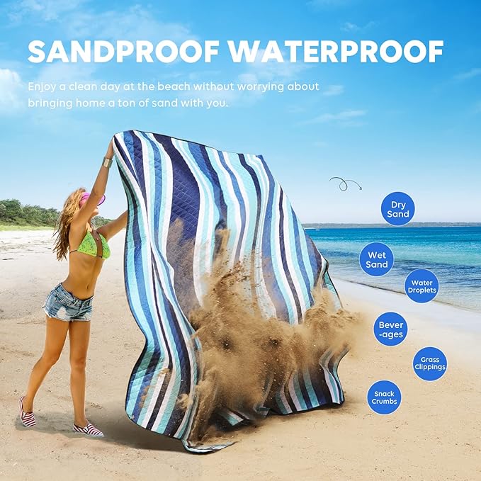 ZAZE Beach Blanket Picnic Blankets with Stakes, Thick 3-Layer 80*80 Oversized Waterproof Sandproof Compact Outdoor Mat, Big Extra Large Foldable Camping Park Vacation Travel Accessories(Blue Stripe)