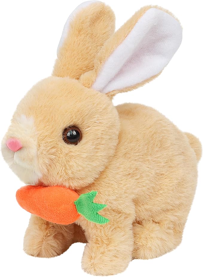 Easfan Easter Hopping Bunny Plush with Carrot Jumping Spotted Rabbit Ears Nose Moving Educational Plush Toy Interactive Toy Electric Birthday Gift for Toddlers Kids,7"