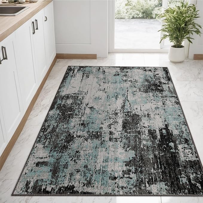 Washable Area Rugs 3'x5' Non-Slip Modern Abstract Soft for Living Room Entryway Bedroom Nursery, Print Pattern, Blue Black Teal