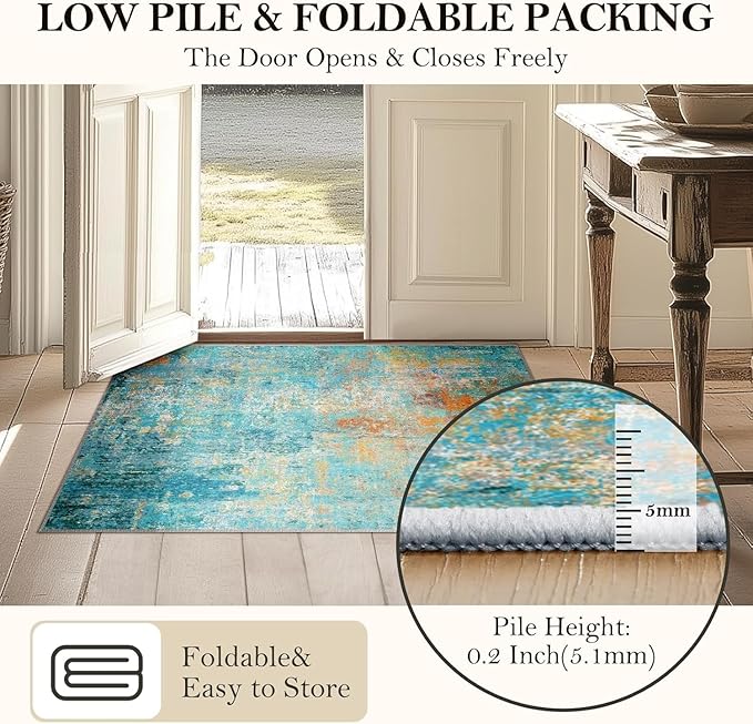 Washable Area Rugs 3'x5' Non-Slip Modern Abstract Soft for Living Room Entryway Bedroom Nursery, Print Pattern, Teal Blue Green Orange Rust Red Colorful