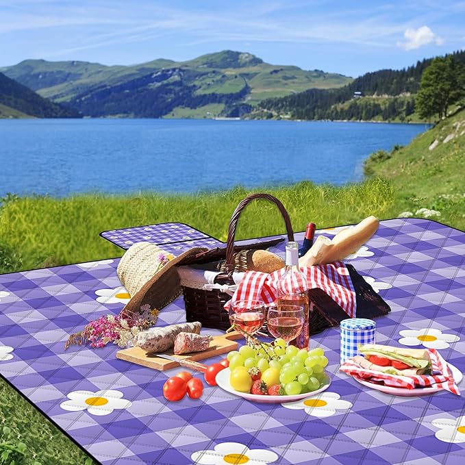 Extra Large Picnic Blanket Waterproof,80"x 80"Foldable Machine Washable Beach Blanket,Outdoor Blanket for 6-8 Adults,Suitable for Indoor Crawling,Park Beach,Camping,Hiking,Family Travel(Purple)