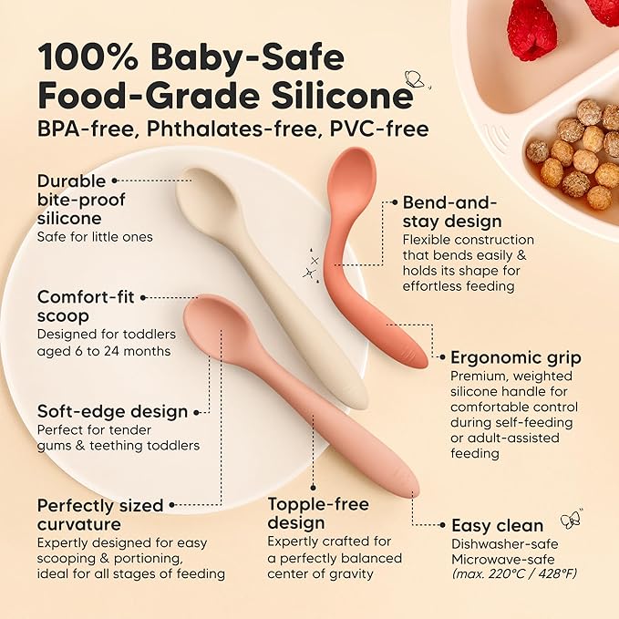 KeaBabies Silicone Baby Spoons, Self Feeding 6-12 months - 3-Pack Baby Weaning Eating Utensils, Toddler First Food Training Spoon, Infant, Kids Feeding Supplies Essential Set,Dishwasher-safe (Roseate)