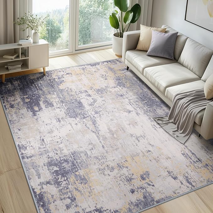 Washable Area Rugs 9'x12' Non-Slip Modern Abstract Soft for Living Room Entryway Bedroom Nursery, Print Pattern, Purple Grey Cream Yellow