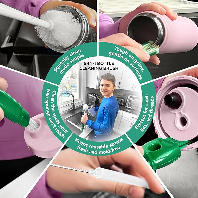 Bottle Drying Rack for Kitchen Countertop, Space Saving Storage Stand with Drainage Tray, Two-Tier Design for Tumblers, Baby Bottles, Water Bottle Drying Rack with 5-in-1 Bottle Cleaning Brush