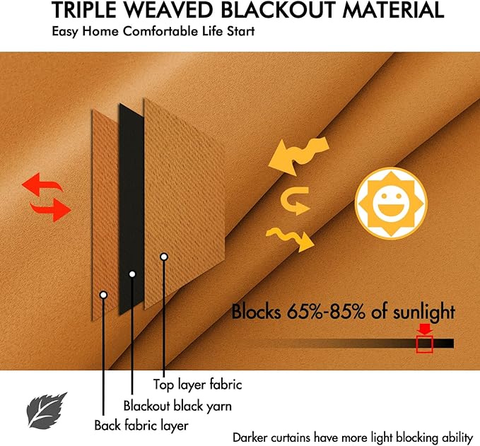 ANRODUO Back Tab Blackout Curtains for Bedroom Living Room, Rod Pocket Pinch Pleated Thermal Insulated Room Darkening Curtains 96 Inches Long 2 Panels, Mustard Yellow, 42 x 96 Inch