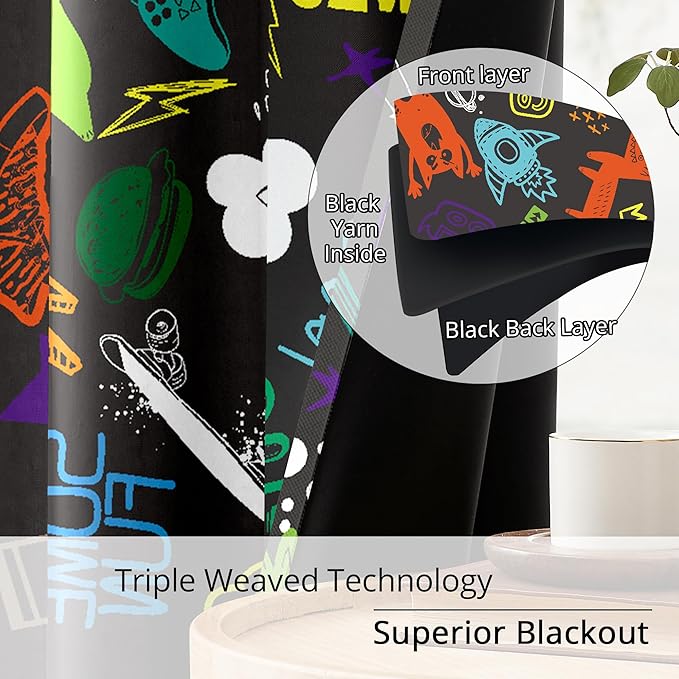 Kids Teen Graffiti Space Blackout Curtains - 100% Blackout, Thermal Insulated, Noise Reducing, Perfect for Kids Room and Nursery, 2 Panels (Graffiti Space Vibes, W52×L63)