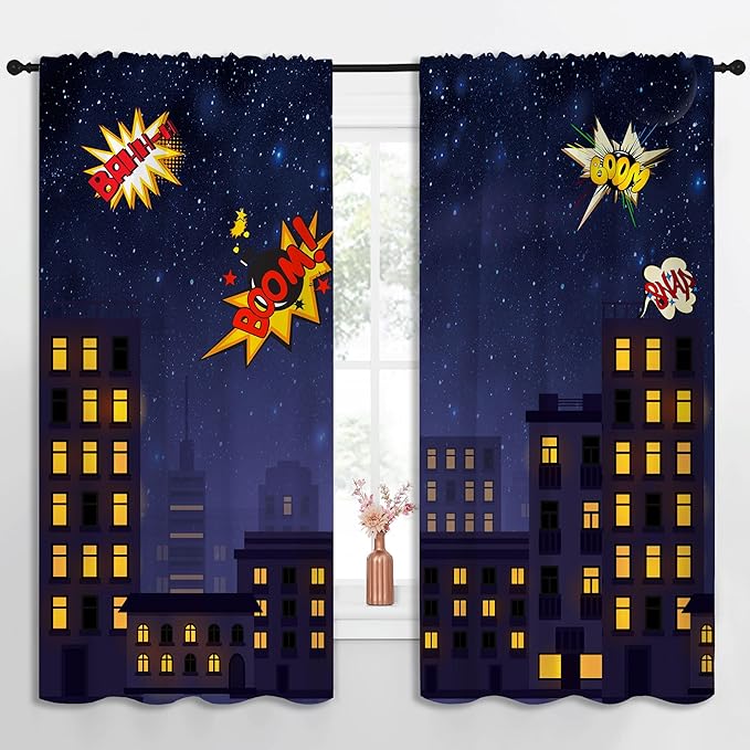 Super Hero Rod Pocket Blackout Curtains for Boy Girl Bedroom, Exploding City Starry Cartoon Skyline Thermal Insulated Home Window Drapes for Living Room Darkening, 55x63 inch