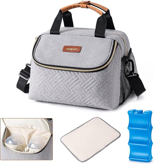 Breastmilk Cooler Bag with Ice Pack Fits 6 Baby Bottles up to 9 Ounce, Wearable Breast Pumps Cooler Bag for Nursing Mom Daycare, Work, Travel- Grey