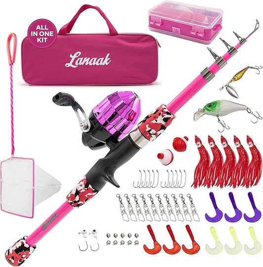 Kids Fishing Pole, Kids Portable Telescopic Fishing Rod Set, Tackle Box and Fishing Net Combo Kit, Kids Fishing Gear for Boys and Girls Age 5-10 and Youth