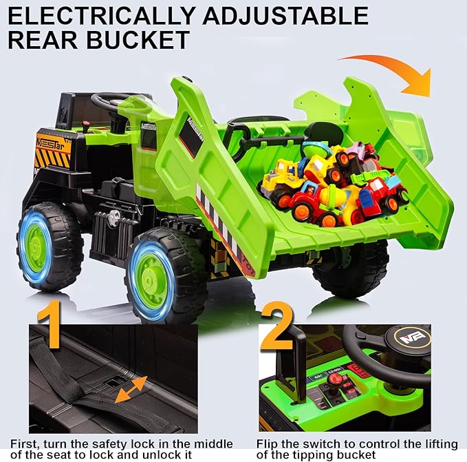24V Ride On Dump Truck, 24inch-2 Seater Ride On Car for Kids w/Remote Control 4WD/2WD Up to 5 Mph, 24v Ride on Toys for Big Kids w/Electric Dump Bed Extra Shovel Traffic Cones (Green)