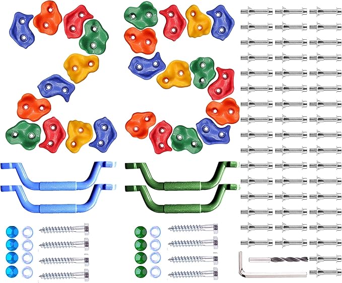 25 Pcs Colourful Pig Nose Shape Rock Climbing Holds with Blue & Green Auxiliary Handles, Indoor Outdoor Playground Wooden Play Set Build Exercise Toy Accessory - Mounting Hardware Kit Included