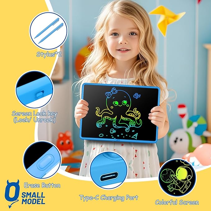 LCD Writing Tablet - 15 Inch Large Doodle Board, Rechargeable Drawing Pad for Kids & Teens, Learning Toys for 3-10+ Year Old Boys & Girls, Birthday & Christmas Gifts, Blue Travel Toys