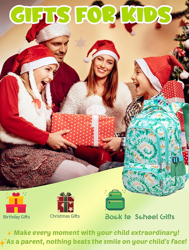 BLUEFAIRY Kids Backpack for Girls Elementary Primary Middle School Bags for Aged 8-10 for Teens Childs Bookbags Back to School Book Bags Gifts Mochilas para Niñas de 6 7 8 9 10 Años Tie-dye Green