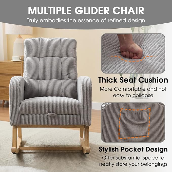 NIOIIKIT Nursery Rocking Chair, Corduroy Upholstered Rocking Chair with Adjustable Footrest, Tufted Rocker Chair with Side Pocket, Glider Rocker for Living Room, Bedroom (Gray Retro)