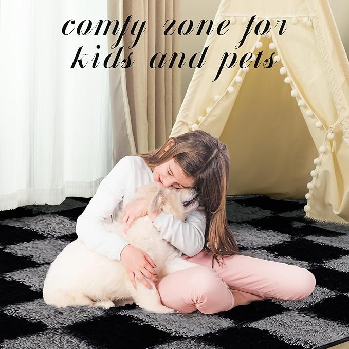 Super Soft Rug for Bedroom, 4x6 Ft Grey and Black Area Rug Classic Checkered Shaggy Rug Anti-Skid High Pile Soft Fluffy Fuzzy Carpet for Living Room Bedroom Kids Room Nursery, Dorm Home Decor