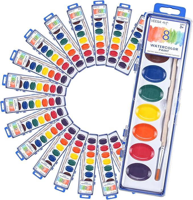 Watercolor Paint Set for Kids (8 Colors), 24 Pack Washable Watercolor + 24 Woodbrushes, Water Color Paint for Classroom, Party Favors and Art Activities