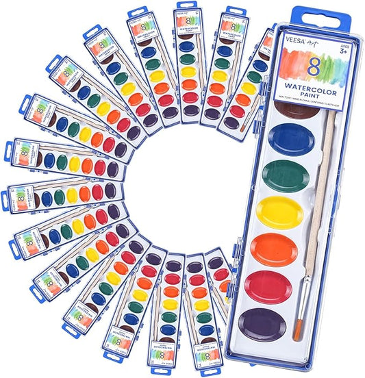 Watercolor Paint Set for Kids (8 Colors), 24 Pack Washable Watercolor + 24 Woodbrushes, Water Color Paint for Classroom, Party Favors and Art Activities