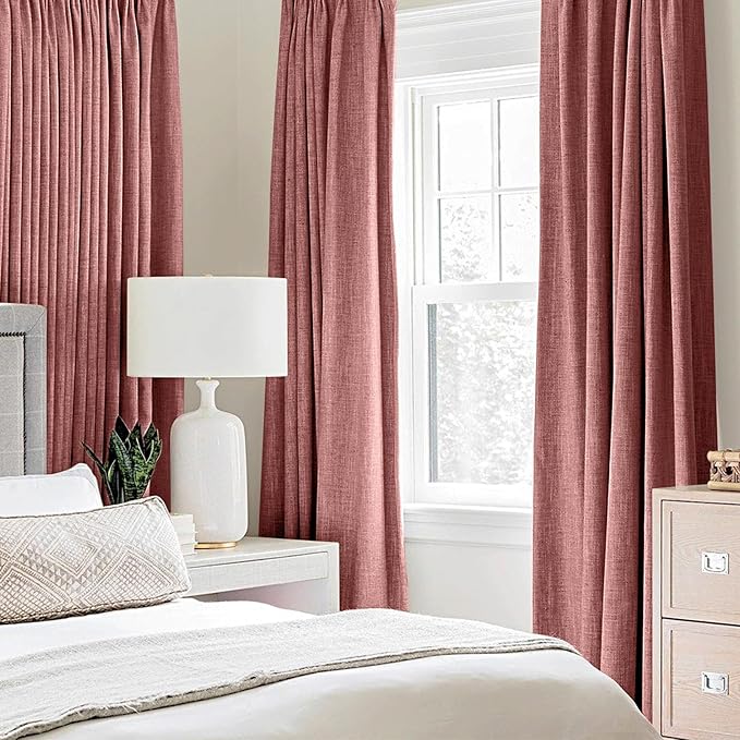 MIULEE 100% Blackout Linen Textured Curtains for Bedroom Solid Thermal Insulated Dusty Rose Grommet Room Darkening Curtains & Drapes Luxury Decor for Living Room Nursery 42 x 90 Inch (2 Panels)