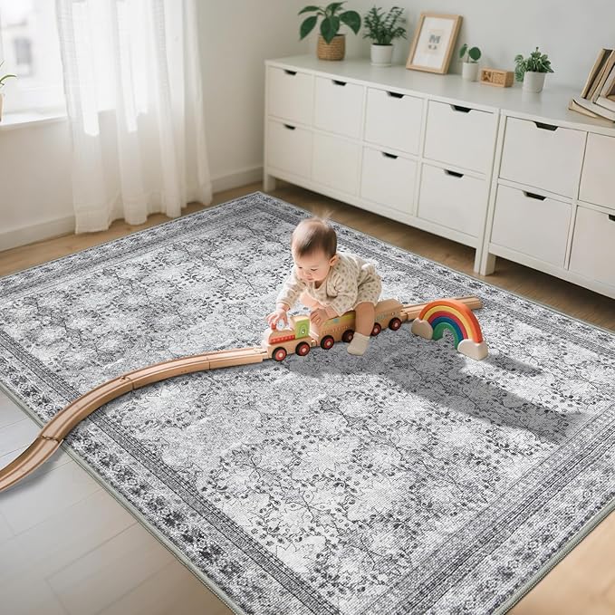 5x7 Washable Area Rug for Living Room Faded Grey, Non Slip Vintage Floral Bedroom Rugs Retro, Traditional Indoor Floor Carpet for Dining Room, Kitchen, Farmhouse, Office Classroom