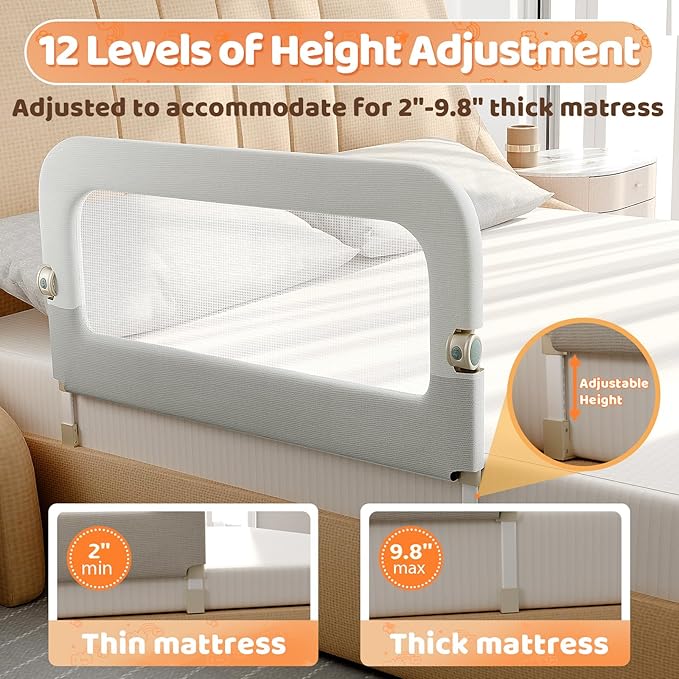 Bed Guard Rail for Toddlers - 32inch Folding up & Adjustable Heights Baby Bed Safety Rails - Portable Toddler Bed Barrier Railing Guard for Kids Twin, Bunk, Queen, Full Size Bed