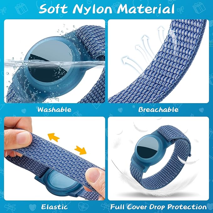 Waterproof Air Tag Bracelet for Kids (4 Pack), Soft Nylon Hidden Air Tag Wristband Full Cover Lightweight GPS Tracker Holder Compatible with Apple AirTag Band for Toddler (Black/Blue/ 2 Rainbow)