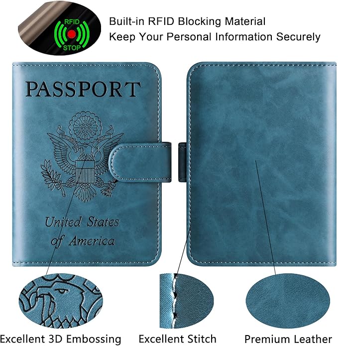 Passport Holder Cover Wallet Travel Essentials Leather Rfid Blocking Case Vacation Luggage Must Haves Travel Accessories for Men Women (120#Blue)