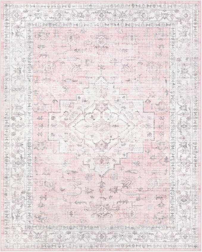 LIVEBOX Pink 8x10 Area Rug for Bedroom Girls, Boho Washable Rugs for Living Room Nursery, Non-Slip Indoor Soft Carpet Low-Pile Farmhouse Carpets for Dining Room Kids Playroom, Pink