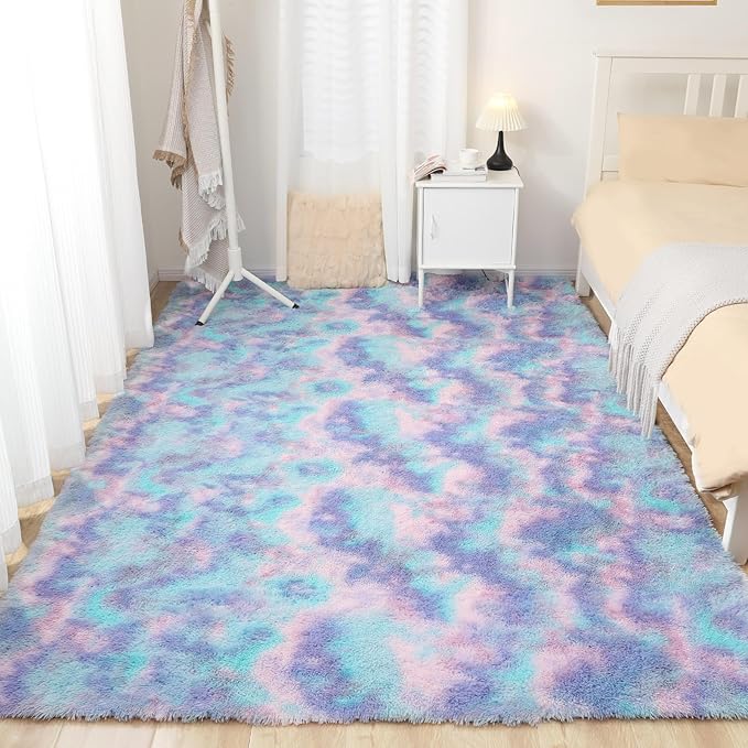 Rainbow Rug for Girls Room, 3x5 Fluffy Area Rugs for Bedroom, Colorful Kids Rug Cute Anti-Skid Indoor Carpet for Nursery, Living Room, Playroom, Home Decor