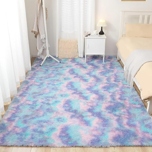 Rainbow Rug for Girls Room, 8x10 Fluffy Area Rugs for Bedroom, Colorful Kids Rug Cute Anti-Skid Indoor Carpet for Nursery, Living Room, Playroom, Home Decor