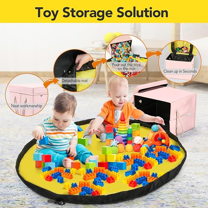 Kids Toy Box Chest Storage with Lid and Big Play Mat for Boys and Girls,Collapsible Fabric Toy Building Bricks Storage Container Organizer Bin with Rug for Playroom and Nursery Organization