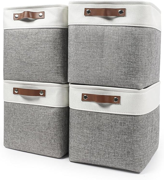 13x13 Cube Storage Bins, Collapsible Fabric Storage Box, 4 Pack Closet Baskets with Handles for Organizing, Shelf, Toys, Clothes, Home, Office, Nursery (Grey&White)