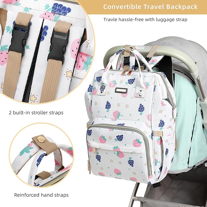 Diaper Bag Backpack, Diaper Bags for Baby Girls Boys, Baby Bags for Moms Dads, Nappy Changing Bag with Insulated Pockets,Multi-functional Waterproof Backpack with Stroller straps-Berry White