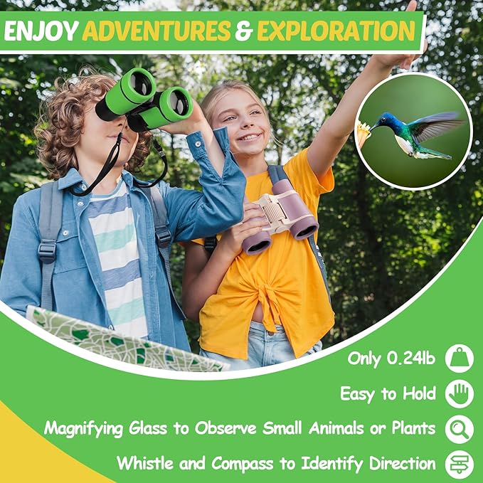 Binoculars for Kids, Kids Binoculars Toys for 3 4 5 6 7 8 Years Boys and Girls, Set with Magnifying Glass & Compass - Birthday Gifts Outdoor Toy for Kid Ages 3-8 Toddler Camping (Green)