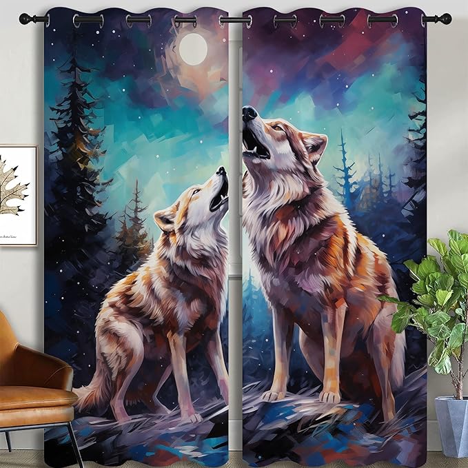 Wildlife Blackout Curtains for Boys Girl Bedroom Decor,Fantasy Starry Full Moon Wolf Howling Thermal Insulated Grommet Drapes Darkening Window Curtain for Living Room Home 84x84 inch