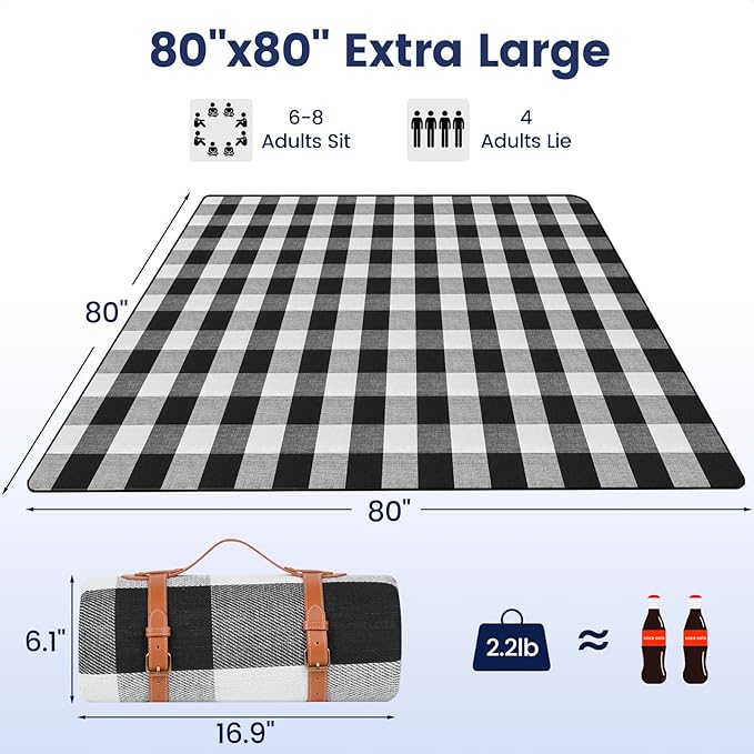 sapsisel 80”x 80” Picnic Blanket Extra Large, Waterproof and Foldable Beach Blanket, 3-Layer Outdoor Blanket for 6 to 8 Adults, for Camping, Park, Beach, Grass, Indoors…
